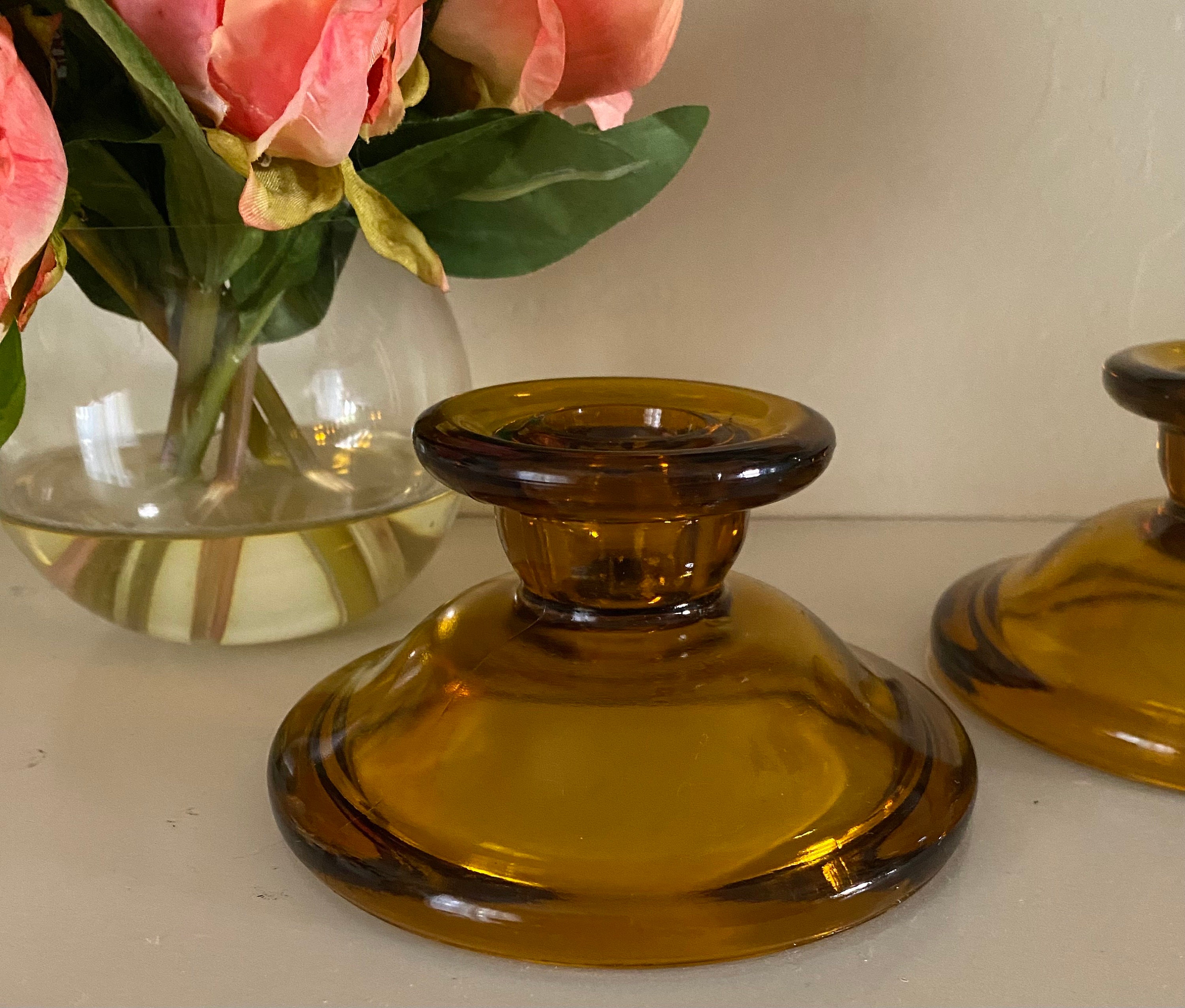 Vintage Amber Glass Candlesticks Pair Taper Simple Etsy