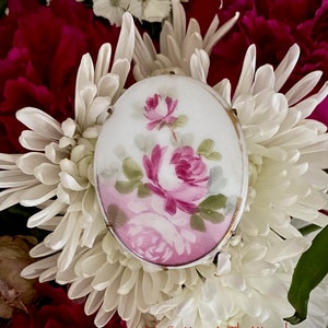 Vintage Roses Hand Painted Pink Floral Porcelain Brooch Pin Large Oval Jewelry Victorian