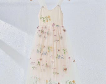 Embroidered Tulle Flower Girl Dress Champagne/Sage Green/White/Light Peach/Purple/Black, Boho Lace Wedding Tulle Dress, Toddler Wedding Gown