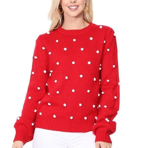 Suéter de cuello redondo con lunares y pompones de ganchillo MK8228