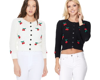 YEMAK Women's Cherry Pom Pom 3/4 Sleeve Cropped Honeycomb