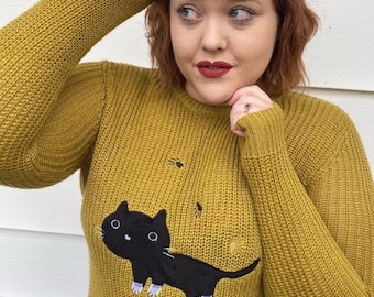 YEMAK Women's Black Cat Applique Crewneck Long Sleeve Casual Knit Pullover Sweater MK8207 (S-L)