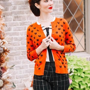 YEMAK Women's Knit Cardigan Sweater – 3/4 Sleeve Button Down Crewneck Cute Cat Dog Pattern Casual Lightweight Knitted Top MK3466 (S-L)