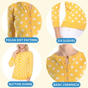 YEMAK Women's Polka Dot Jacquard Button-Down Cardigan Sweater – Crew Neck, Long Sleeve
