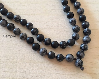 Sneeuwvlok obsidiaan mala ketting 8-9 mm, 108+1 geknoopte gebedskralen, rozenkrans voor wortelchakra meditatie