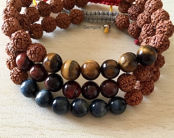 Rudraksha & Tijgeroog Armband Bruin/Rood/Blauw - 8 mm - Verstelbaar Macramé, Chakra Heling en Bescherming