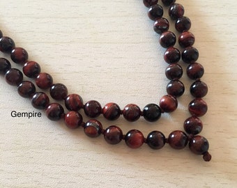 Rode tijgeroog mala ketting 8-9 mm, 108 geknoopte Japa kralen, yoga meditatie sieraden
