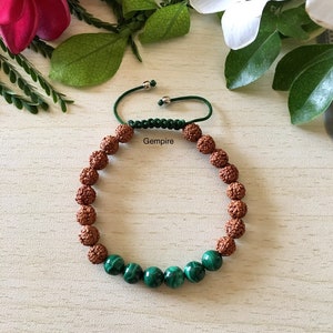 Malachite Bracelet - Rudraksha Bracelet 8 mm - Adjustable Macrame Bracelet, Protection Healing Bracelet, Heart Chakra Bracelet, Buddhism
