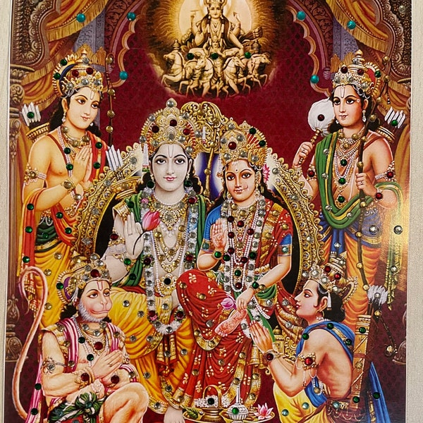 Ram Darbar Poster Print verziert mit Strass 11,7 x 20,3 cm Sita Ram Hanuman Familie Malerei Druck Foto, Hindu Dekor Indien Tempelkunst