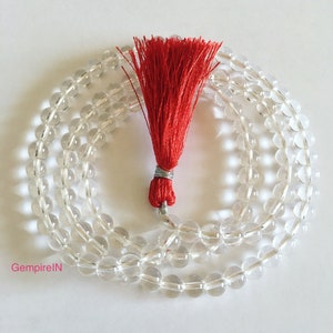 Collar de mala de cristal de 6 mm con 108 cuentas, borla de collar de cristal, japa mala de cuarzo cristal de roca, mala de meditación curativa para el chakra de la corona