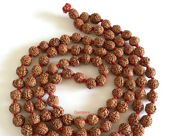 Rudraksha Mala Necklace 7-8 mm, 108+1 Knotted Prayer Beads, 5 Mukhi Shiva Japa Mala