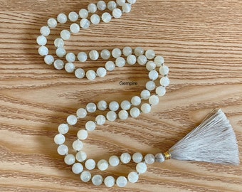 Moonstone Mala Necklace 8 mm, 108+1  Meditation Mala Beads knotted, Crown Chakra Necklace, 108 Moonstone Necklace Tassel, Prayer Beads Mala