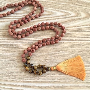 Rudraksha - Tigers Eye Mala Necklace 8 mm- 108 Japa Mala Knotted Rudraksha Mala Beads, Mens Tigers Eye Necklace, Yoga Jewelry, Gemstone Mala