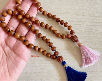 Sandalwood - Rudraksha Mala Bracelet Knotted 27+1 Prayer Beads, Sandalwood Bracelet, Sandalwood Quarter Mala, Couple Meditation Mala Gift