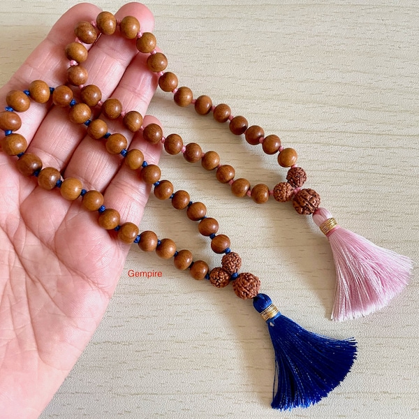 Sandalwood - Rudraksha Mala Bracelet Knotted 27+1 Prayer Beads, Sandalwood Bracelet, Sandalwood Quarter Mala, Couple Meditation Mala Gift