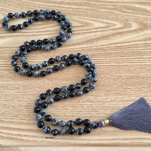 Snowflake Obsidian Mala Necklace 8-9 mm, 108 Mala Beads Knotted Tassel Necklace, 108 Japa Mala, Black Obsidian Mens Necklace, Root Chakra