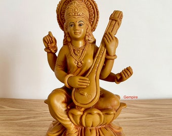 Saraswati Statue 7.25" Goddess of Knowledge, Hindu Goddess Saraswati Idol, Saraswati Sculpture, India God Figure Altar Figurine Home Decor