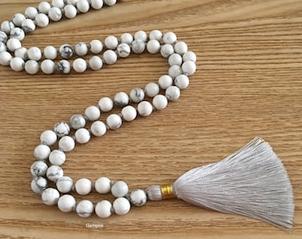 Howlite Mala Necklace 8 mm, Knotted 108 Mala Beads, White Gemstone Mala Necklace, 108 Howlite Necklace Tassel Mala, Meditation Prayer Beads