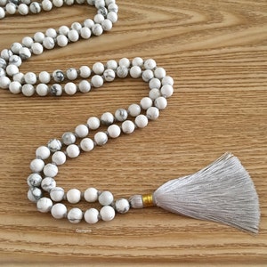 Howlite Mala Necklace 8 mm, Knotted 108 Mala Beads, White Gemstone Mala Necklace, 108 Howlite Necklace Tassel Mala, Meditation Prayer Beads image 1