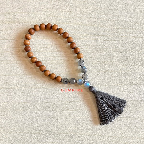 Sandalwood - Labradorite Mala Bracelet 27+1 Beads 8 mm Sandalwood Bracelet Quarter Mala Beads Meditation Wrist Mala Rosary Yoga Prayer Beads