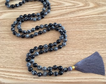 Snowflake Obsidian Mala Necklace 8 mm, 108 Mala Beads Knotted Tassel Necklace, 108 Japa Mala, Black Obsidian Mens Necklace, Root Chakra Mala