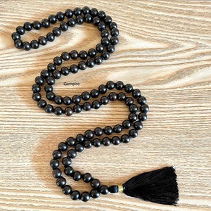 Ebony Wood Mala Necklace, 108+1 beads, knotted with a tassel