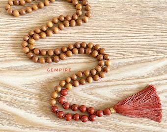 Sandalwood - Red Jasper Mala Necklace 8 mm, 108 Knotted Prayer Beads, Root Chakra Healing