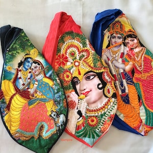 Prayer bag Embroidered Design -Japa Mala bag with Zip, Zippered Chanting Bag, Hindu Gomukhi bag, Meditation Bag Yoga bag, Radha Krishna bag