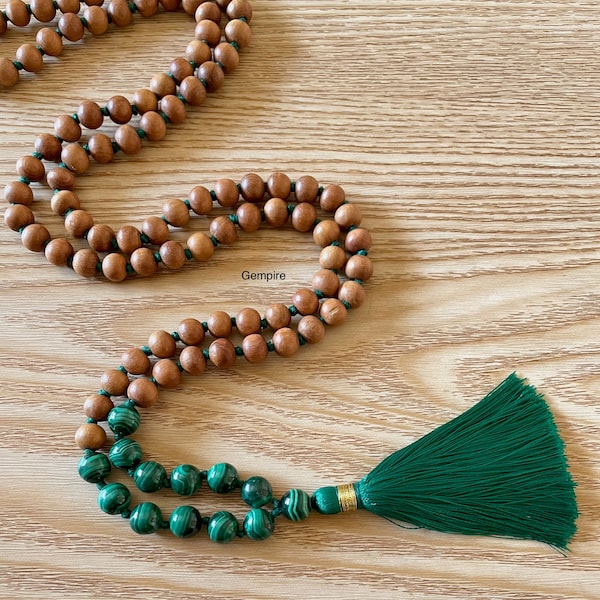 Malachite - Sandalwood Mala Necklace 8-9 mm 108 Malachite Mala Knotted, 108 Prayer Beads Mala 108 Meditation Mala, Healing Heart Chakra Mala