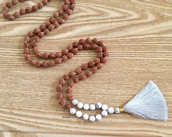 Rudraksha - howliet mala-ketting 8 mm, 108 geknoopte gebedskralen, meditatie yoga-sieraden