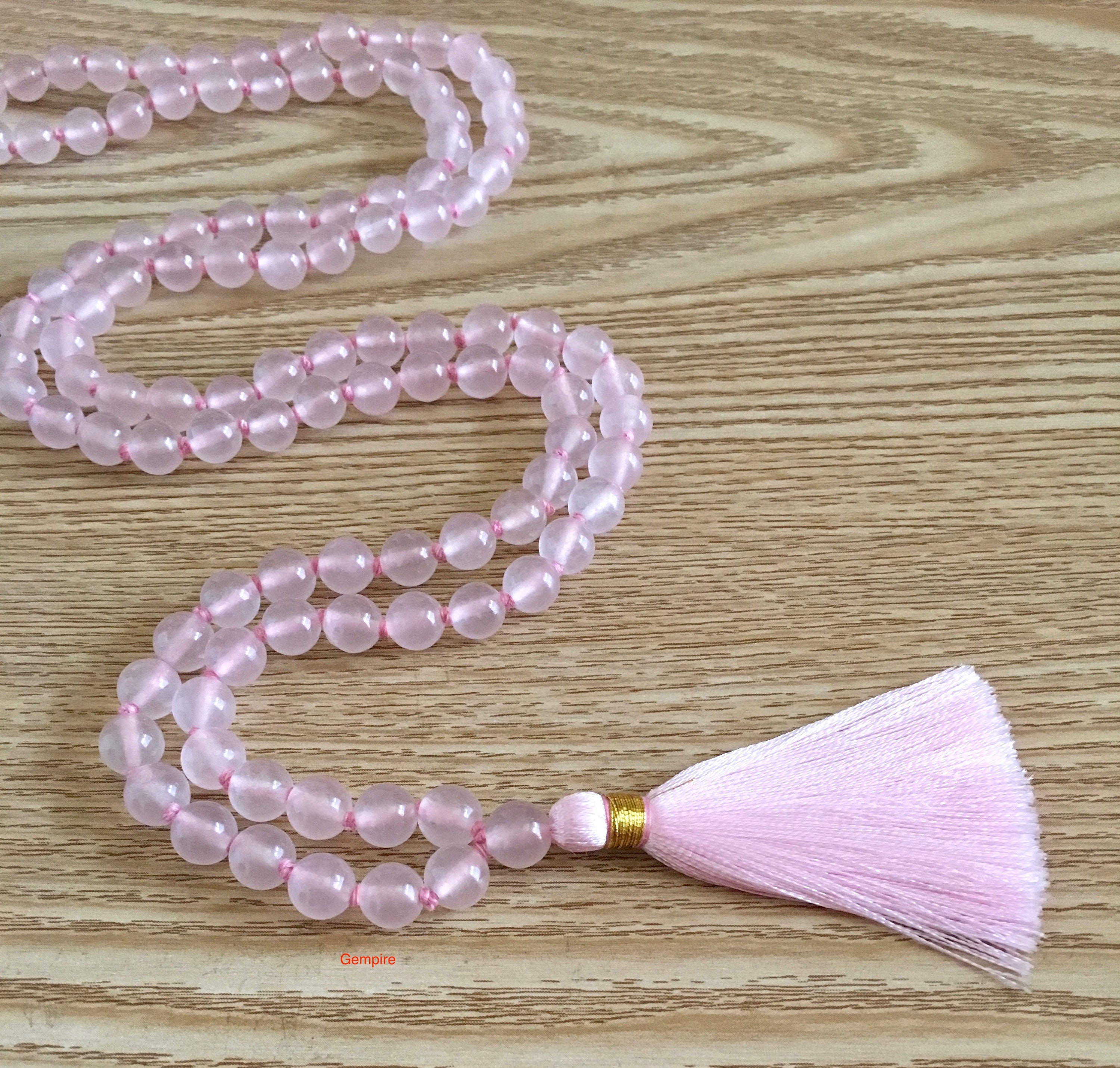 Mala Necklace  108 Hand-Knotted 8mm Round Beads (Rose Quartz) – Cherry  Tree Collection