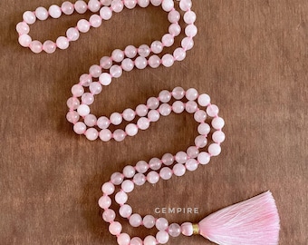 Rozenkwarts mala ketting 8-9 mm, geknoopt met 108+1 meditatie- en gebedskralen, hartchakra-healing