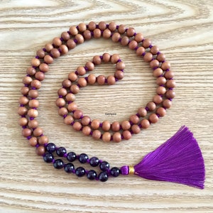 Sandalwood - Amethyst Mala Necklace 8 mm, Knotted Sandalwood Mala, 108 Japa Mala Beads, Sandalwood Necklace, Buddhist Prayer Beads Yoga Mala