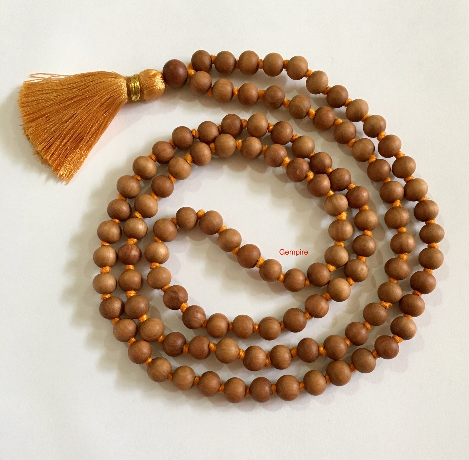 Sandalwood Mala Necklace 8 mm, 108 Knotted Japa Prayer Beads, Hindu Buddhist Meditation Rosary