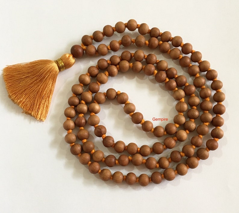 Sandalwood Mala Necklace 8 mm 108 knotted Sandalwood Japa Mala, Wood Bead Necklace, Sandalwood Rosary Hindu Buddhist Prayer Beads Tibetan image 8