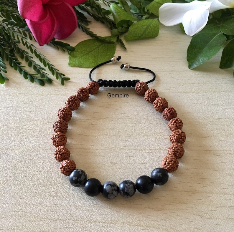 Snowflake Obsidian Bracelet Rudraksha Bracelet 8 mm Adjustable Macrame Bracelet Root Chakra Healing Bracelet Black Bead Mens Bracelet