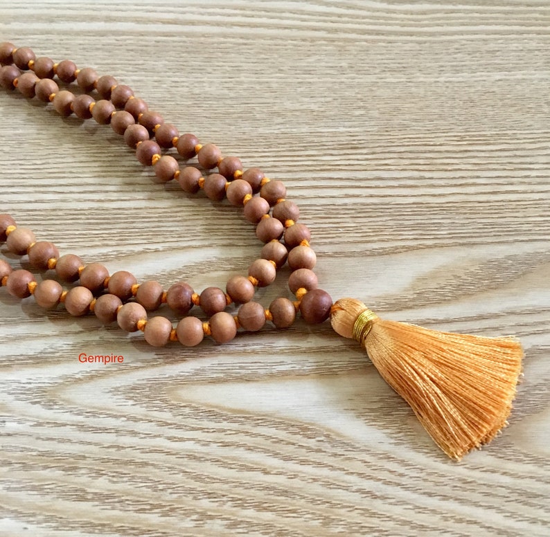 Sandalwood Mala Necklace 8 mm 108 knotted Sandalwood Japa Mala, Wood Bead Necklace, Sandalwood Rosary Hindu Buddhist Prayer Beads Tibetan image 5