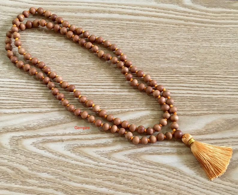 Sandalwood Mala Necklace 8 mm 108 knotted Sandalwood Japa Mala, Wood Bead Necklace, Sandalwood Rosary Hindu Buddhist Prayer Beads Tibetan image 6