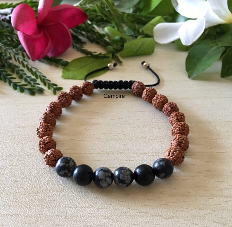 Snowflake Obsidian Bracelet Rudraksha Bracelet 8 mm Adjustable Macrame Bracelet Root Chakra Healing Bracelet Black Bead Mens Bracelet
