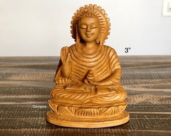 仏像 3インチ/4インチ 木製仏像彫刻、瞑想仏像、仏教ホームデスク装飾