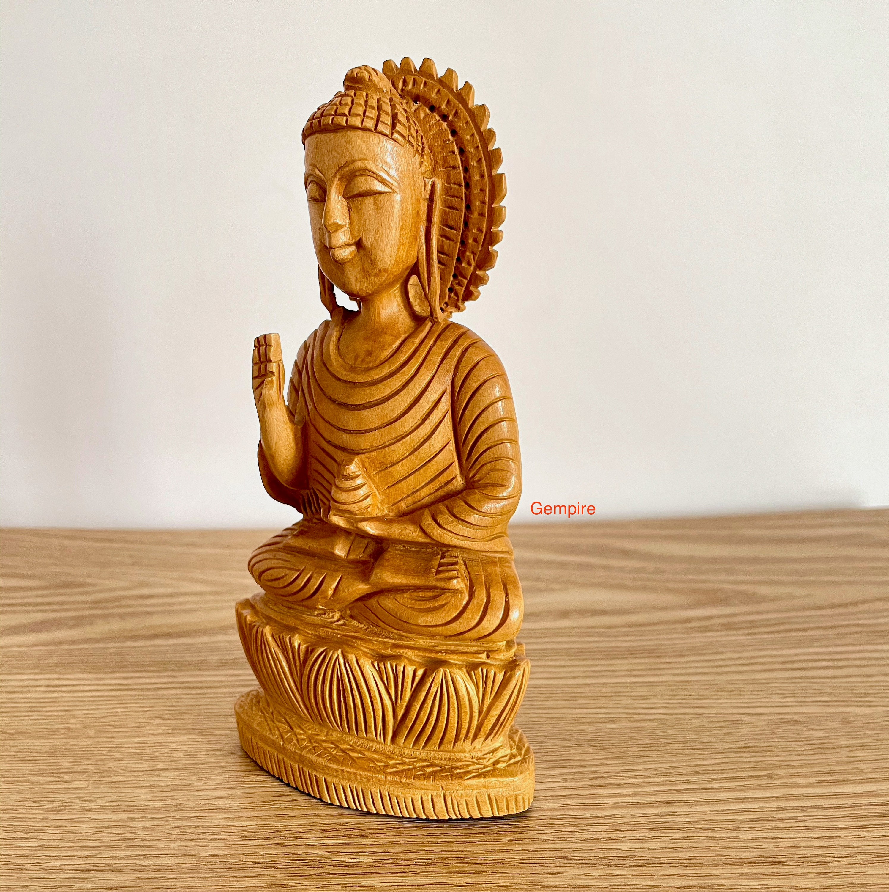 Buddha Statue Wooden Carved Handmade Home Decor Buddah Figure Sculpture Calm Art 