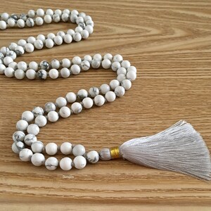 Howlite Mala Necklace 8 mm, Knotted 108 Mala Beads, White Gemstone Mala Necklace, 108 Howlite Necklace Tassel Mala, Meditation Prayer Beads image 3