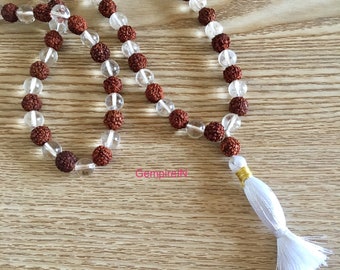 Rudraksha - Crystal Necklace 8-9 mm 108 +1 Prayer Beads Mala, Shiva Meditation Jewellery