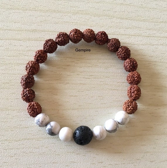 Rudraksha Bracelet - Lava - Howlite Bracelet, Rudraksha Stacking bracelet, Diffuser Bracelet Yoga Healing Bracelet Gift Buddhism Tibetan