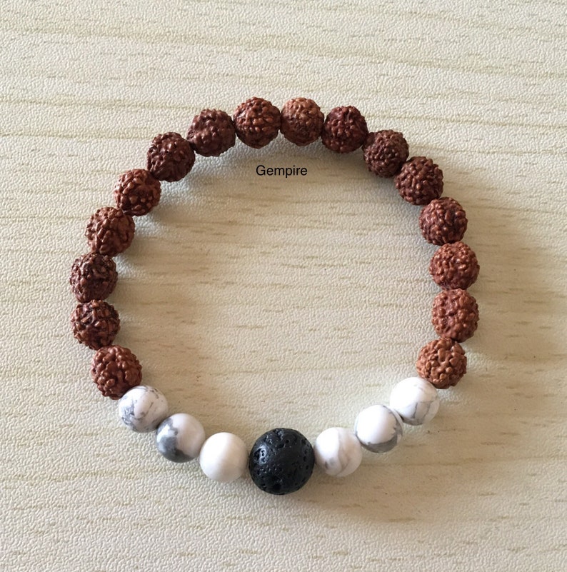 Rudraksha, Howlite and Lava Bracelet, stretchable