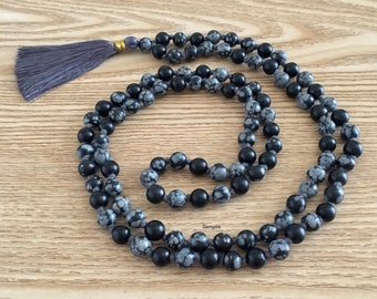 Natürliche AAA Schneeflocken-Obsidian 108 Mala Halskette Handgeknüpftes Mala Armband