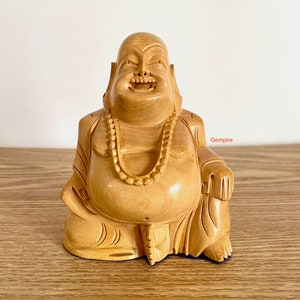 Statua del Buddha che ride, 4&quot; in legno, statuetta del Buddha che ride, decorazione per la casa, regalo di buona fortuna, decorazione per scrivania, scultura Zen del Buddha Feng Shui