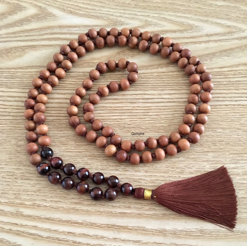 108 Sandalwood Rosary Sandalwood Buddhist Mala Prayer Beads Red Tigers Eye Mala Necklace 8 mm Japa Mala Beads 108 Sandalwood Mala