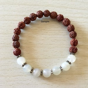 Moonstone Bracelet- Rudraksha Bracelet 8 mm, Healing bracelet, White Gemstone bracelet Crown Chakra Bracelet, Spiritual Yoga Bracelet Gift