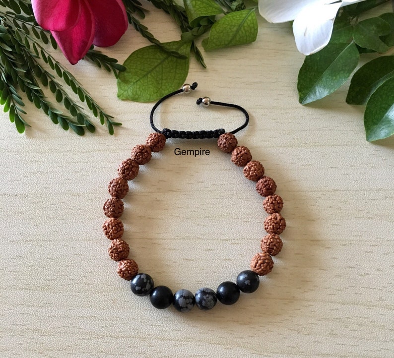 Snowflake Obsidian Bracelet Rudraksha Bracelet 8 mm Adjustable Macrame Bracelet Root Chakra Healing Bracelet Black Bead Mens Bracelet